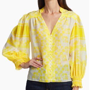 Alice and Olivia Serena Cotton-Silk Blouse Yellow and White  Size M